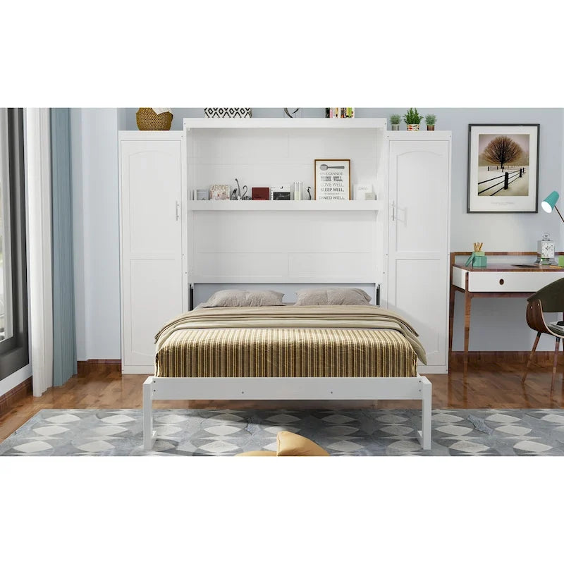 Queen Size Murphy Bed with Two Wardrobe and Storage Shelf