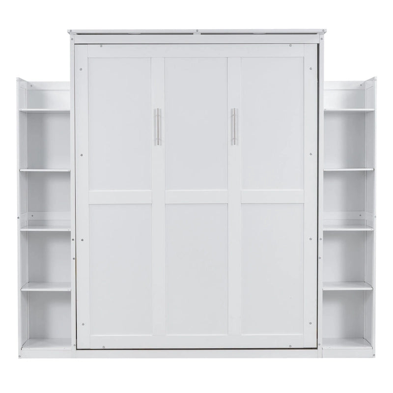 Nordic Creative Queen Size Murphy Bed with Shelves and LED Lights Wall Bed for Kids Teens Adults Space-Saving, Easy Assembly