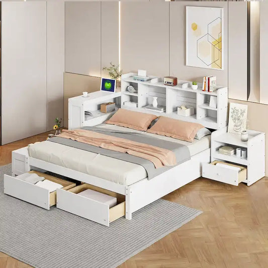 Full Size Wooden Platform Bed with Storage, Nightstand, Desk, USB Ports & 2 Drawers,White