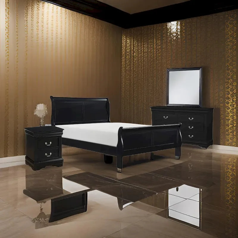 Fy Four Piece Queen Size Bedroom Set, Antique Nickel Metal Handles, Black
