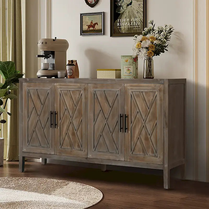 Wood Sideboard Cabinet with Pattern Door, Buffet Cabinet with Adjustable Shelves, Console Table with Solid Wood Legs