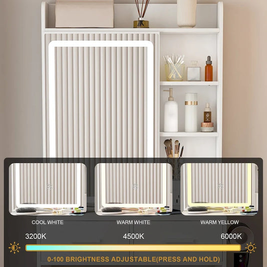 Small Makeup Vanity Desk with Mirror & LED Lights,Built-in Power Outlet & Hidden Storage,Includes Padded stool & Shelf