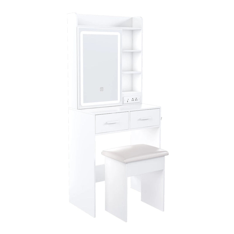 Small Makeup Vanity Desk with Mirror & LED Lights,Built-in Power Outlet & Hidden Storage,Includes Padded stool & Shelf