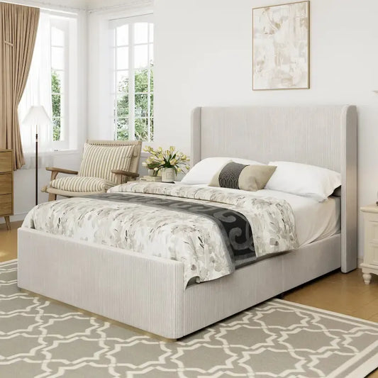 King Size Corduroy Upholstered Bed with 47 Wingback Headboard with Metal/Wood Frame (No Box Spring Needed)