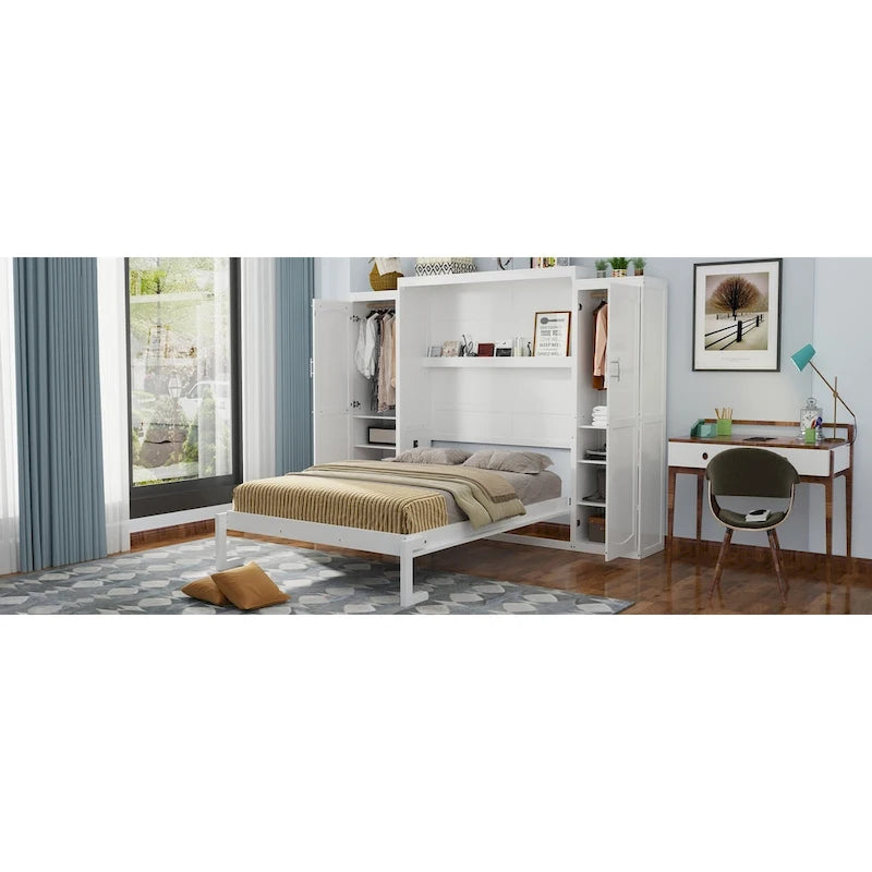 Queen Size Wood Murphy Bed with Two Wardrobe and Storage Shelf, Multifunctional Foldable Platform Bedframe