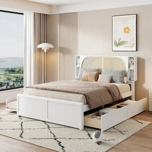 White Queen Size Platform Bed with Rattan Headboard,Two Drawers and Trundle
