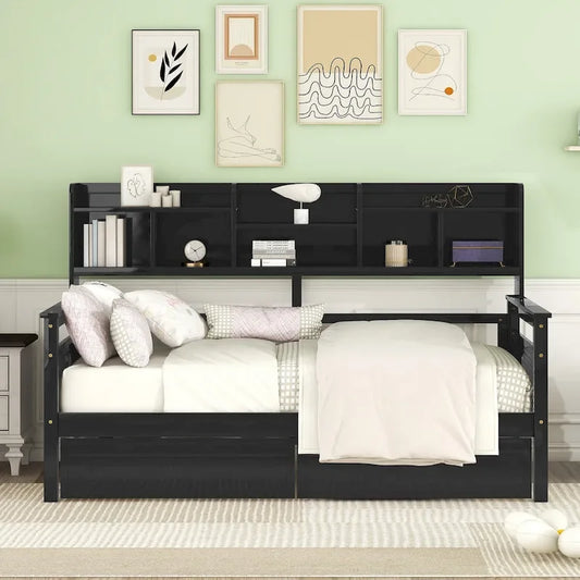 Twin Size Wood Daybed with Shelves and Drawers