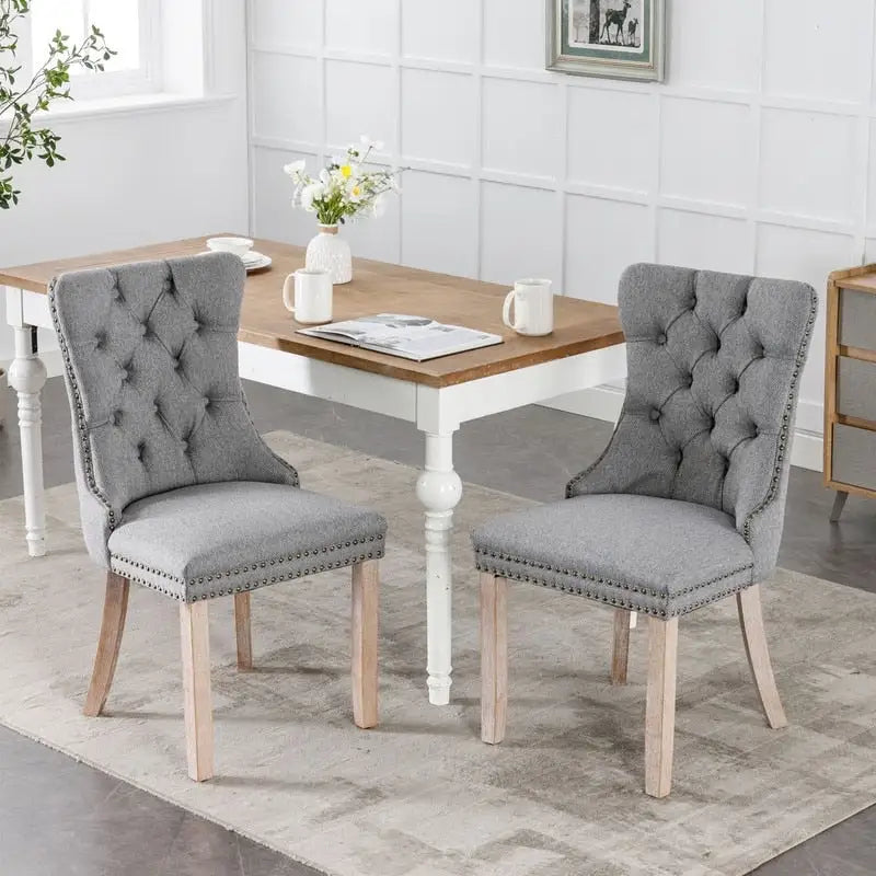 Tufted Upholstered Linen Dining Chair with Solid Wood Legs, Set of 2