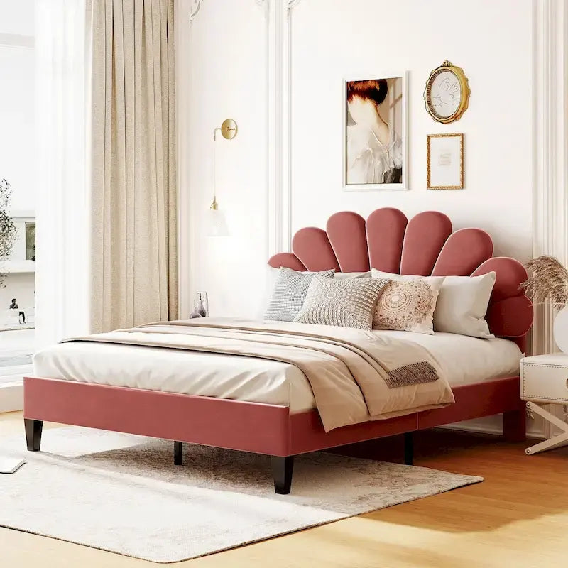 Queen Size Upholstered Platform Bed with Flower Pattern