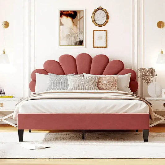 Queen Size Upholstered Platform Bed with Flower Pattern