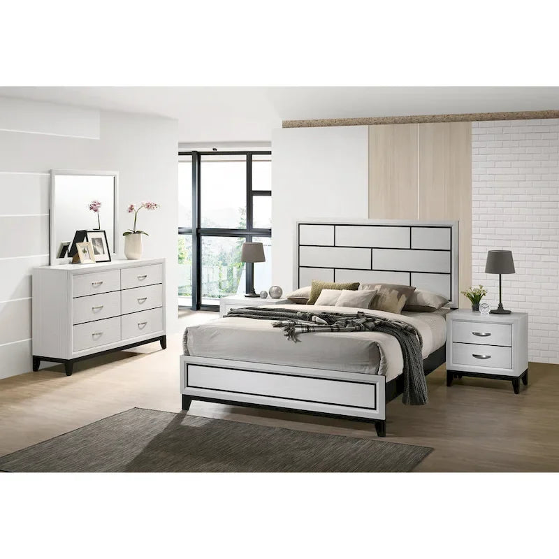 Roundhill Furniture Stout Contemporary Panel Bedroom Set in White Finish with Panel Bed, Dresser, Mirror, 2 Night Stands