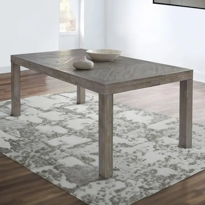 72-89 Inch Extendable Acacia Wood Dining Table, Herringbone Pattern, Gray