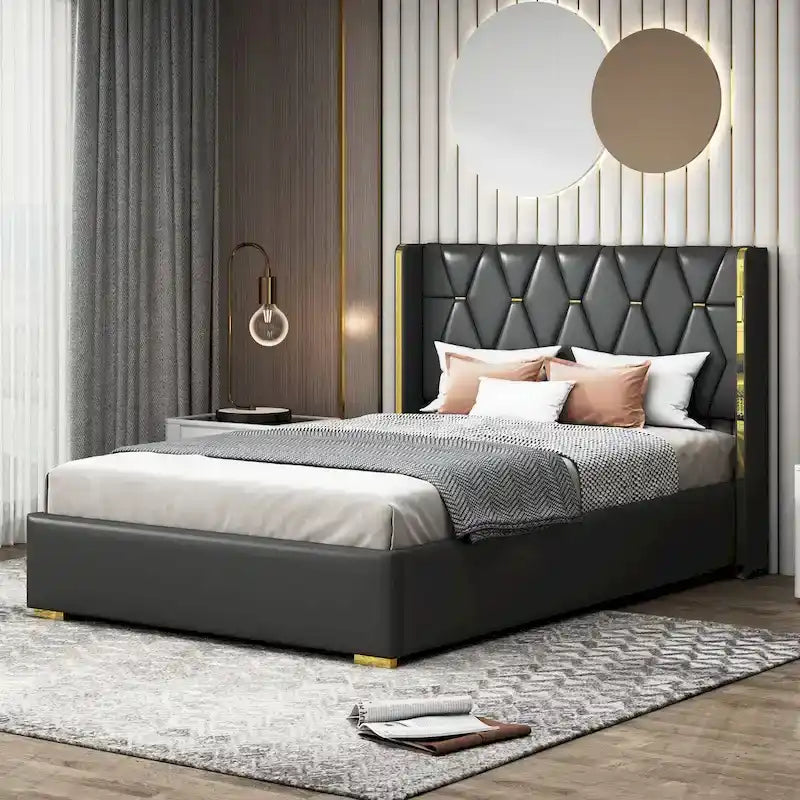 Full Size PU Upholstered Platform Bed with Metal Strips