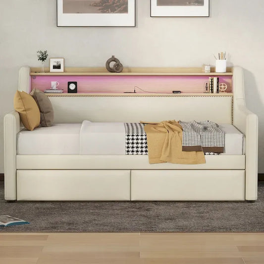 Upholstered Daybed with Storage Drawers, Charging Station and LED Lights