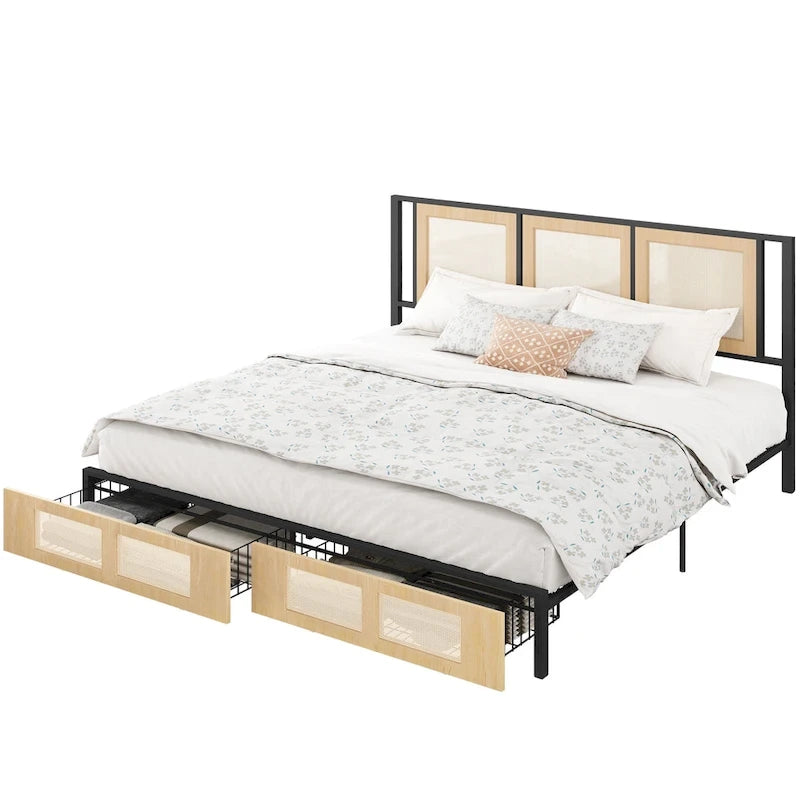 Moasis Rattan Headboard Storage Bed with 2 Drawer