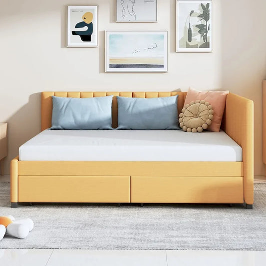 Full Size Upholstered Daybed with 2 Storage Drawers Sofa Bed Frame