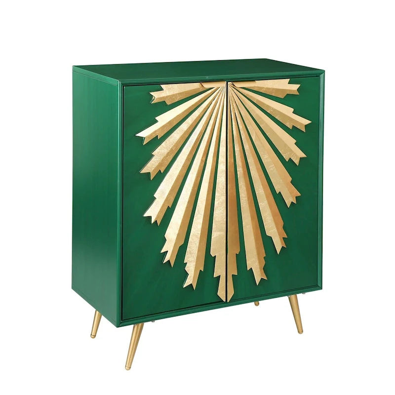 Mid-Century Modern Glam Solid Wood Cabinet 2-Door Sunburst Accent Storage Sideboard Cupboard Dining Room Buffet