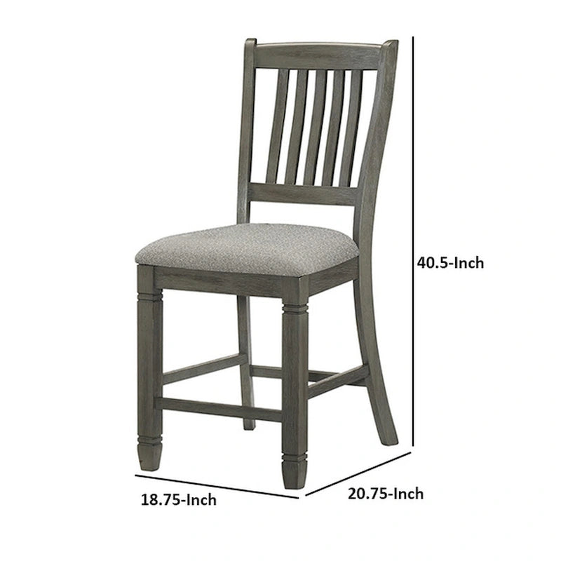 26 Inch Counter Height Chair Set of 2, Slat Back, Gray Wood, Fabric Seat