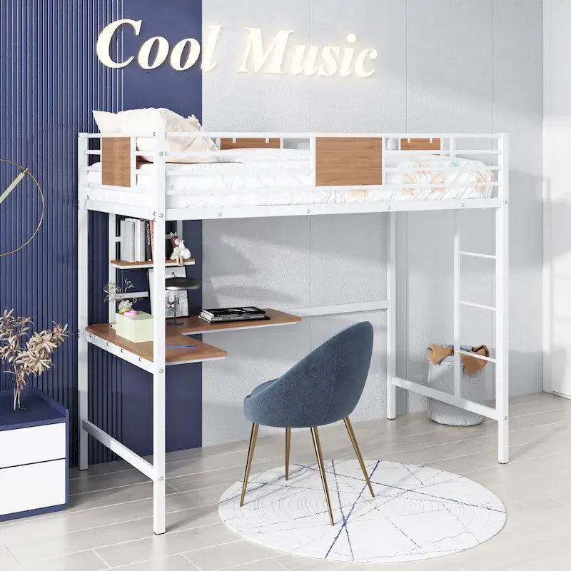 Twin Metal Loft Bed with Desk and Shelve