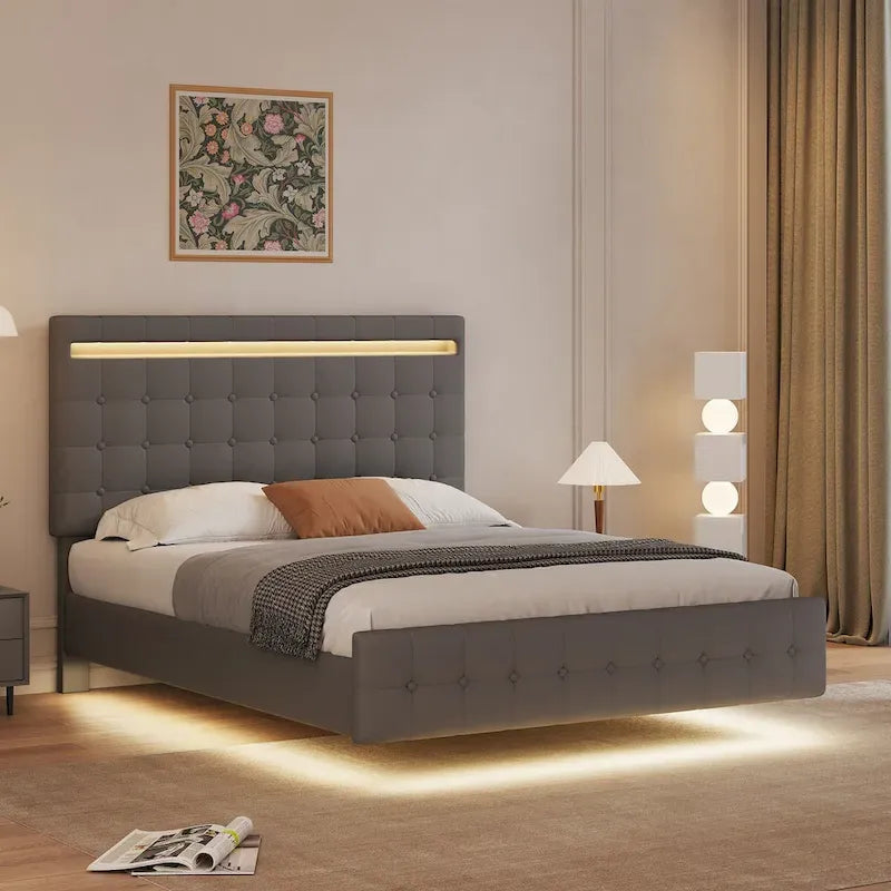 Floating Bed Frame Queen Size with LED Lights, Upholstered Headboard and Footboard Platform Bed, Wood Slats Easy Assembly