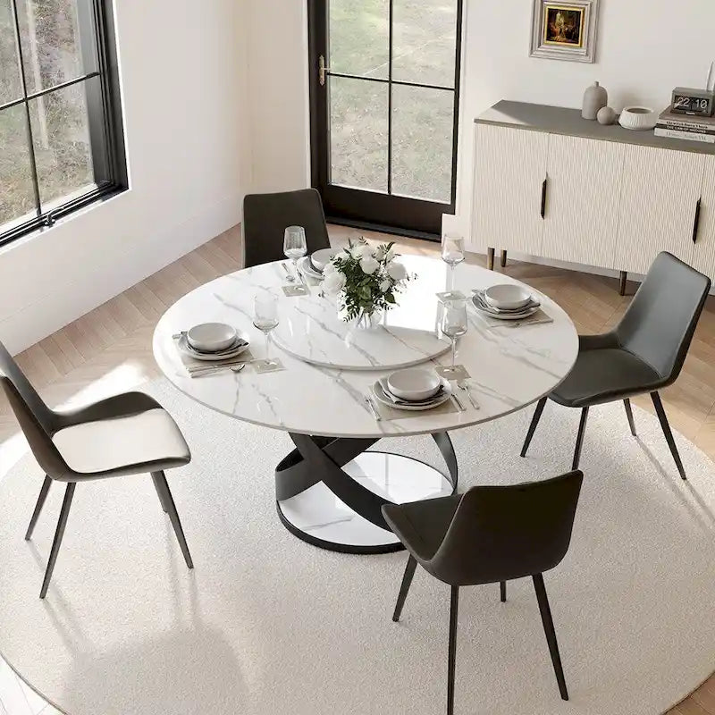 Modern Dining Table Sets, Round Glossy Sintered Stone Dining Table with Dining Chairs