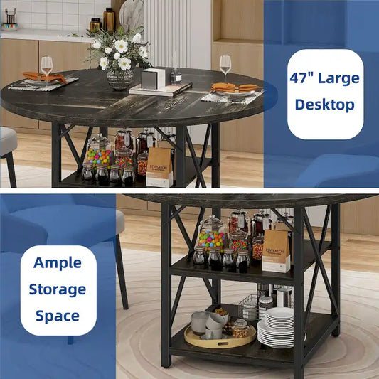 Moasis Round Dining Table with Storage Shelves Metal Legs for 4-6 People for Dining Living Room