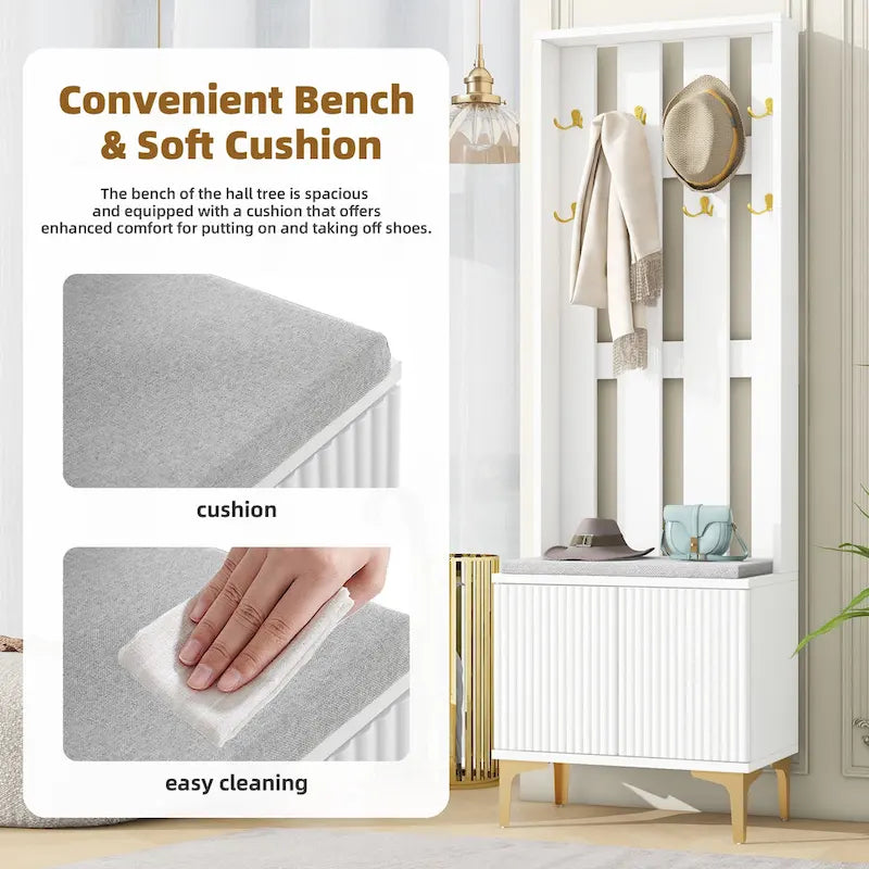 4-in-1 Hall Tree with Cushion, Coat Rack with 8 Gold Hooks and Legs, Entryway Bench with Adjustable Shelves & Fluted Doors