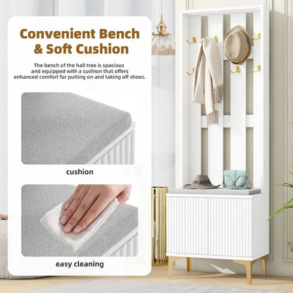 4-in-1 Hall Tree with Cushion, Coat Rack with 8 Gold Hooks and Legs, Entryway Bench with Adjustable Shelves & Fluted Doors