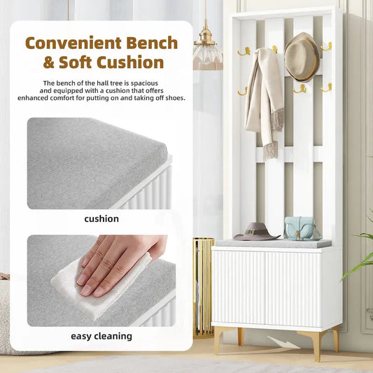 4-in-1 Hall Tree with Cushion, Coat Rack with 8 Gold Hooks and Legs, Entryway Bench with Adjustable Shelves & Fluted Doors