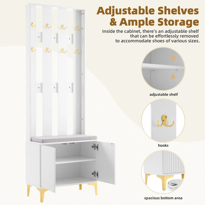 4-in-1 Hall Tree with Cushion, Coat Rack with 8 Gold Hooks and Legs, Entryway Bench with Adjustable Shelves & Fluted Doors
