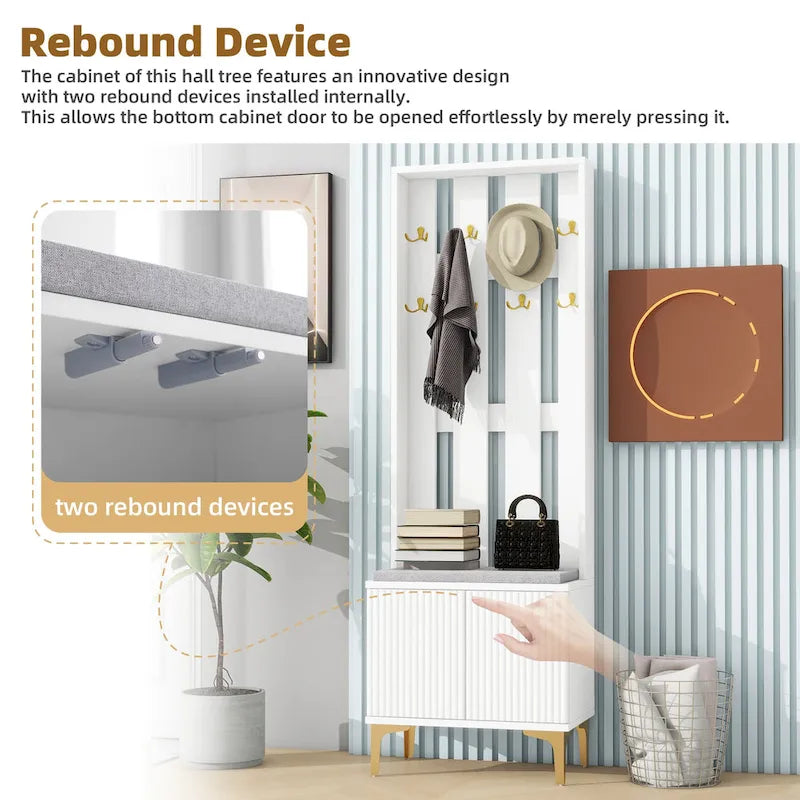 4-in-1 Hall Tree with Cushion, Coat Rack with 8 Gold Hooks and Legs, Entryway Bench with Adjustable Shelves & Fluted Doors