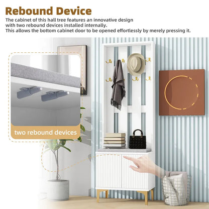 4-in-1 Hall Tree with Cushion, Coat Rack with 8 Gold Hooks and Legs, Entryway Bench with Adjustable Shelves & Fluted Doors