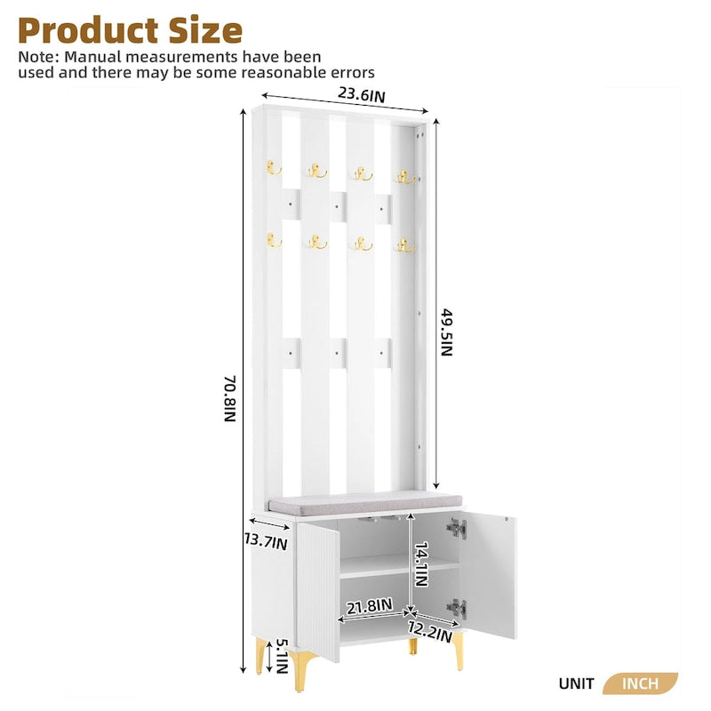 4-in-1 Hall Tree with Cushion, Coat Rack with 8 Gold Hooks and Legs, Entryway Bench with Adjustable Shelves & Fluted Doors
