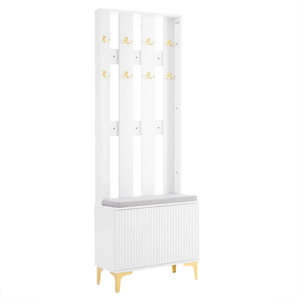 4-in-1 Hall Tree with Cushion, Coat Rack with 8 Gold Hooks and Legs, Entryway Bench with Adjustable Shelves & Fluted Doors