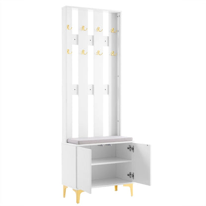 4-in-1 Hall Tree with Cushion, Coat Rack with 8 Gold Hooks and Legs, Entryway Bench with Adjustable Shelves & Fluted Doors