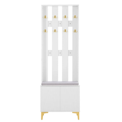 4-in-1 Hall Tree with Cushion, Coat Rack with 8 Gold Hooks and Legs, Entryway Bench with Adjustable Shelves & Fluted Doors