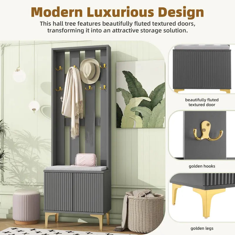 4-in-1 Hall Tree with Cushion, Coat Rack with 8 Gold Hooks and Legs, Entryway Bench with Adjustable Shelves & Fluted Doors