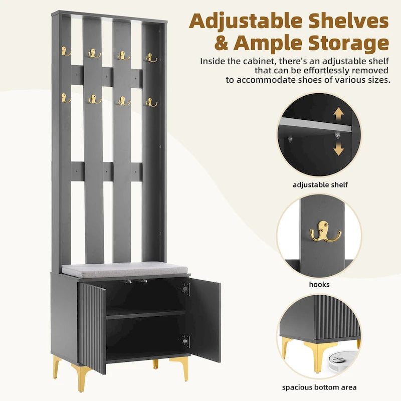 4-in-1 Hall Tree with Cushion, Coat Rack with 8 Gold Hooks and Legs, Entryway Bench with Adjustable Shelves & Fluted Doors