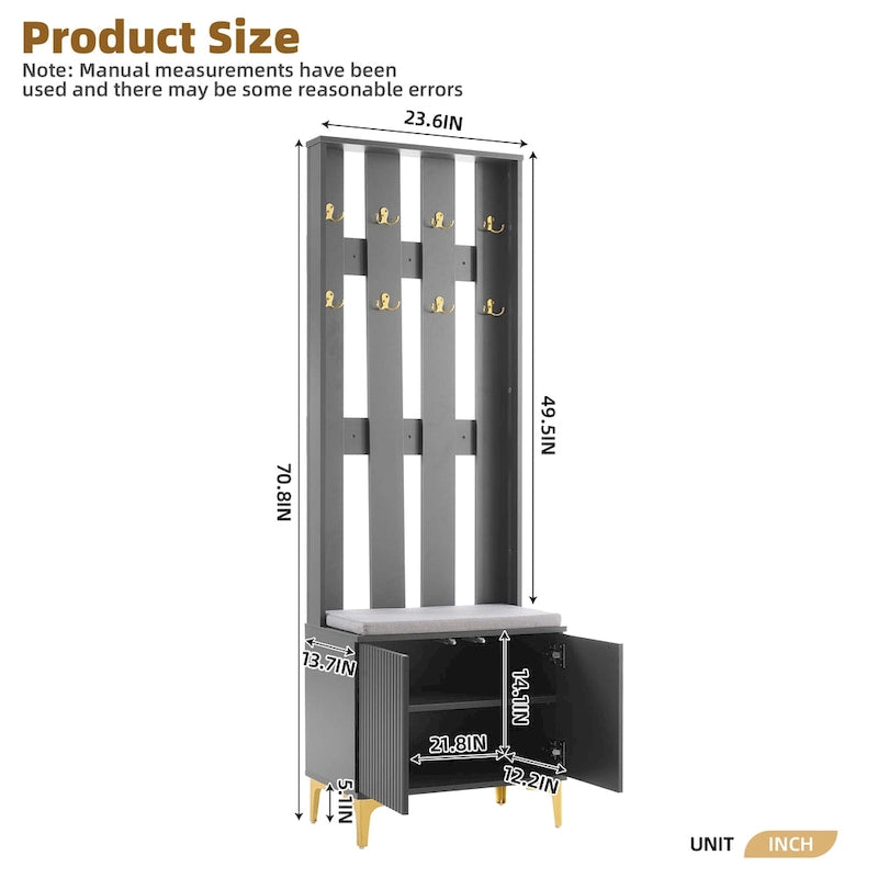 4-in-1 Hall Tree with Cushion, Coat Rack with 8 Gold Hooks and Legs, Entryway Bench with Adjustable Shelves & Fluted Doors