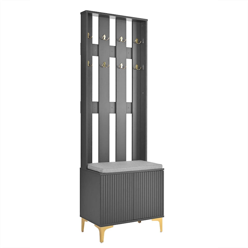 4-in-1 Hall Tree with Cushion, Coat Rack with 8 Gold Hooks and Legs, Entryway Bench with Adjustable Shelves & Fluted Doors