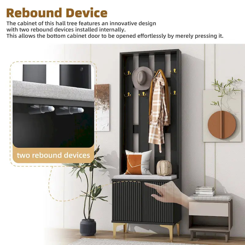 4-in-1 Hall Tree with Cushion, Coat Rack with 8 Gold Hooks and Legs, Entryway Bench with Adjustable Shelves & Fluted Doors