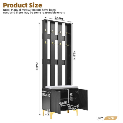 4-in-1 Hall Tree with Cushion, Coat Rack with 8 Gold Hooks and Legs, Entryway Bench with Adjustable Shelves & Fluted Doors