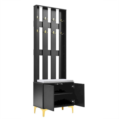 4-in-1 Hall Tree with Cushion, Coat Rack with 8 Gold Hooks and Legs, Entryway Bench with Adjustable Shelves & Fluted Doors