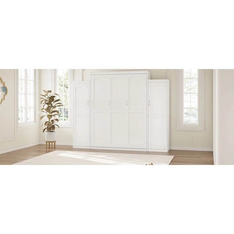 Queen Size Murphy Bed with Two Wardrobe and Storage Shelf