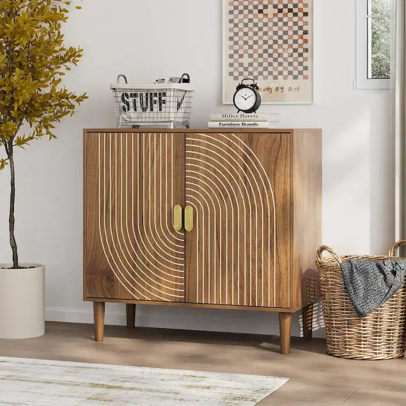 Walnut Sideboard Cabinet, Freestanding Buffet Cabinet with Line Groove Design Wood Storage Cabinet with Adjustable Shelf