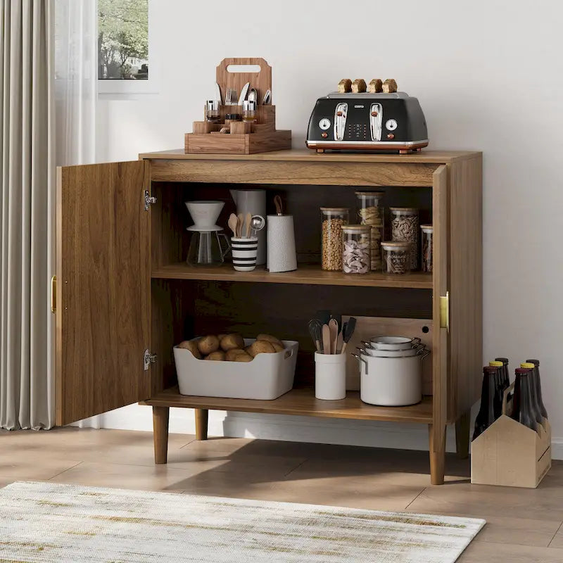 Walnut Sideboard Cabinet, Freestanding Buffet Cabinet with Line Groove Design Wood Storage Cabinet with Adjustable Shelf