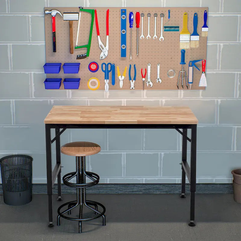 Industrial Workbench Desk with Adjustable Height and Wood Top and 4 Metal Feet for Garage and Workshop or Home Use
