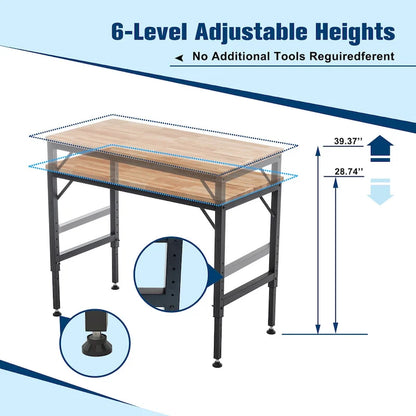 Industrial Workbench Desk with Adjustable Height and Wood Top and 4 Metal Feet for Garage and Workshop or Home Use