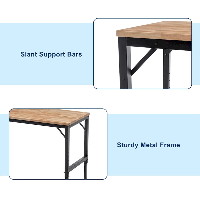 Industrial Workbench Desk with Adjustable Height and Wood Top and 4 Metal Feet for Garage and Workshop or Home Use