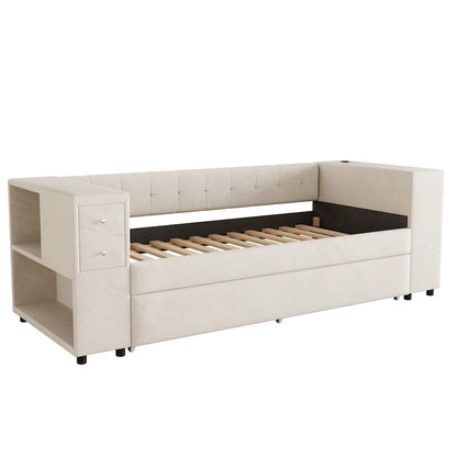Upholstered Velvet Daybed Storage Bed Frame with USB Charging Ports